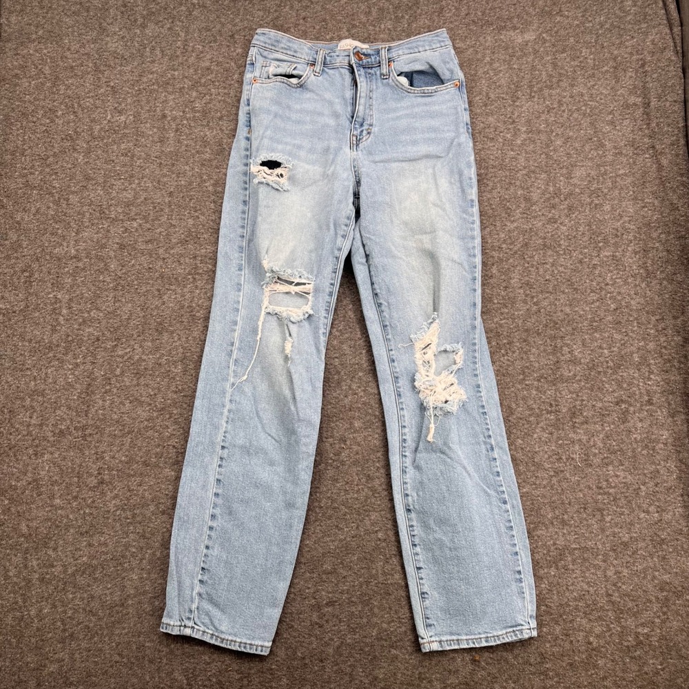 Fashion Nova Light Wash Distressed High Rise Straight Leg Jeans Ripped Size 5